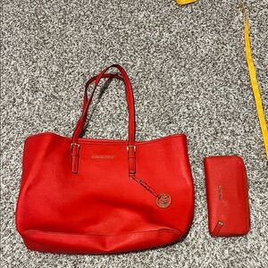 Michael Kors Vibrant Orange Red Tote and Wallet Set